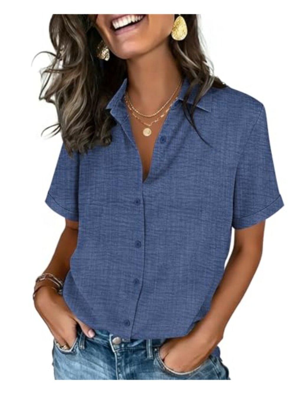 Women's Short Sleeve V-Neck Button Down Blouse Dressy Casual Office Top